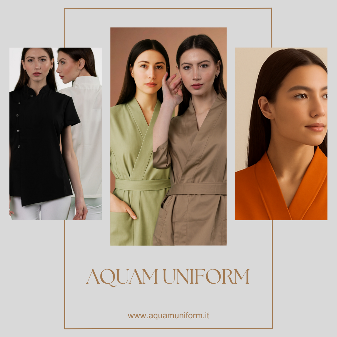 Divise professionali estetista Aquam Uniform in cotone naturale per centri estetici e spa