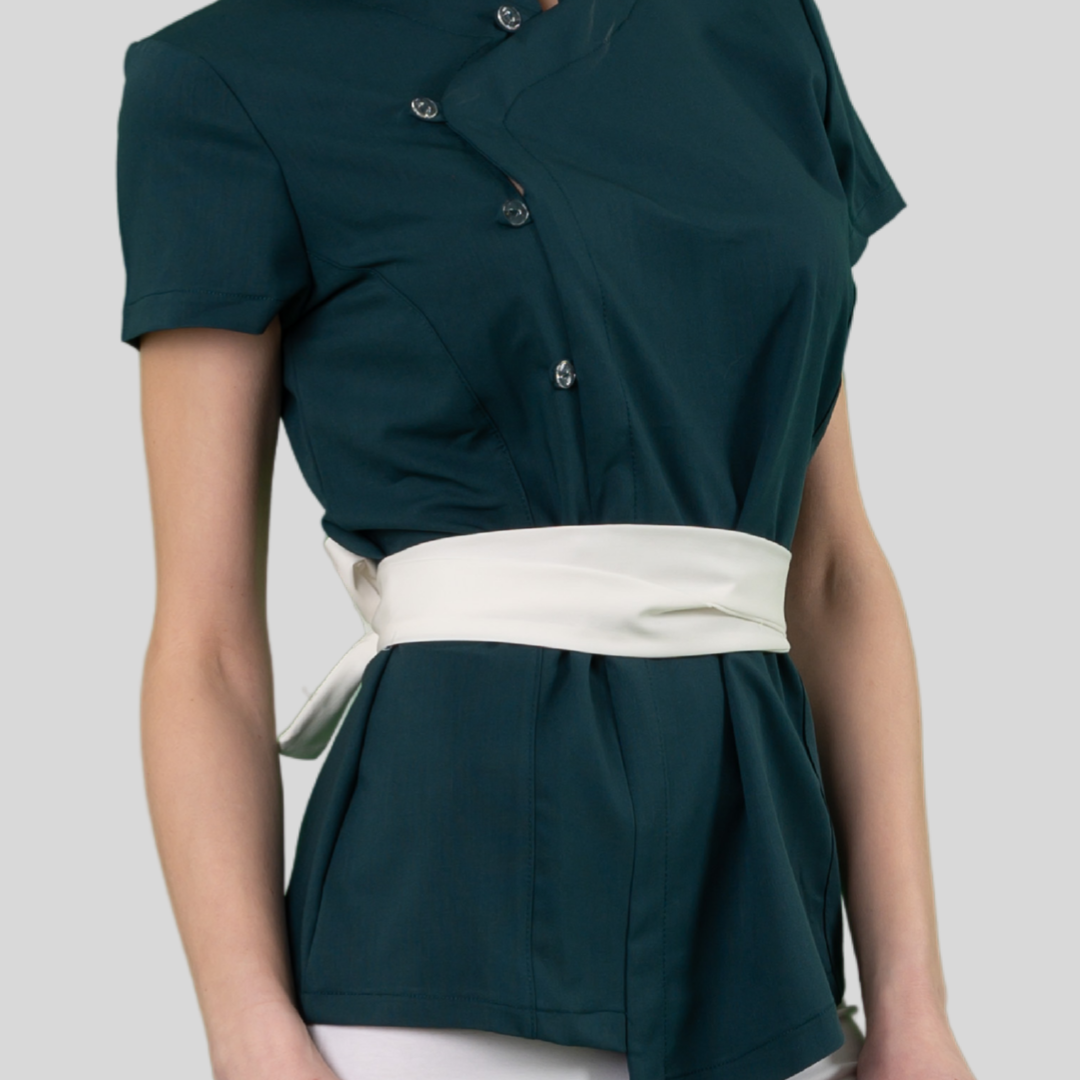 Elegant tunic top with a white belt, designed for comfort in aesthetic professions.