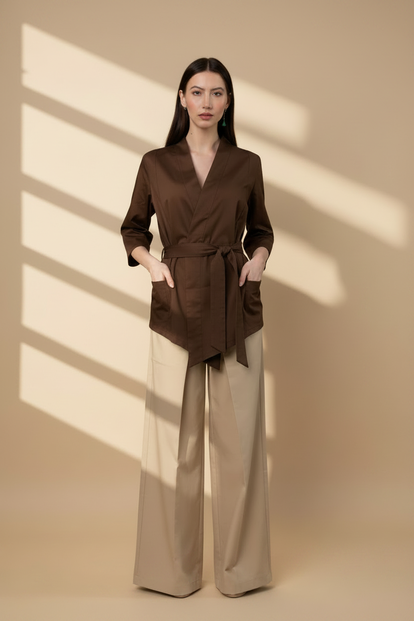 Kimono marrone sfondo beige uniforme